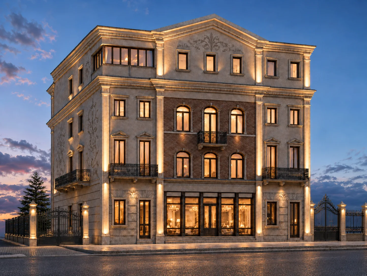 Render esterno serale di Palazzo BIG